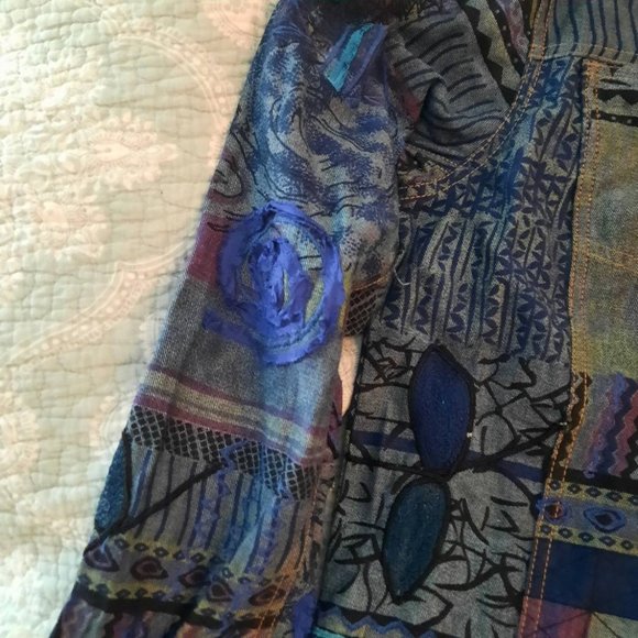 Chico's artsy jean denim jacket mixed media size 1 (s 8/10) - Picture 5 of 7
